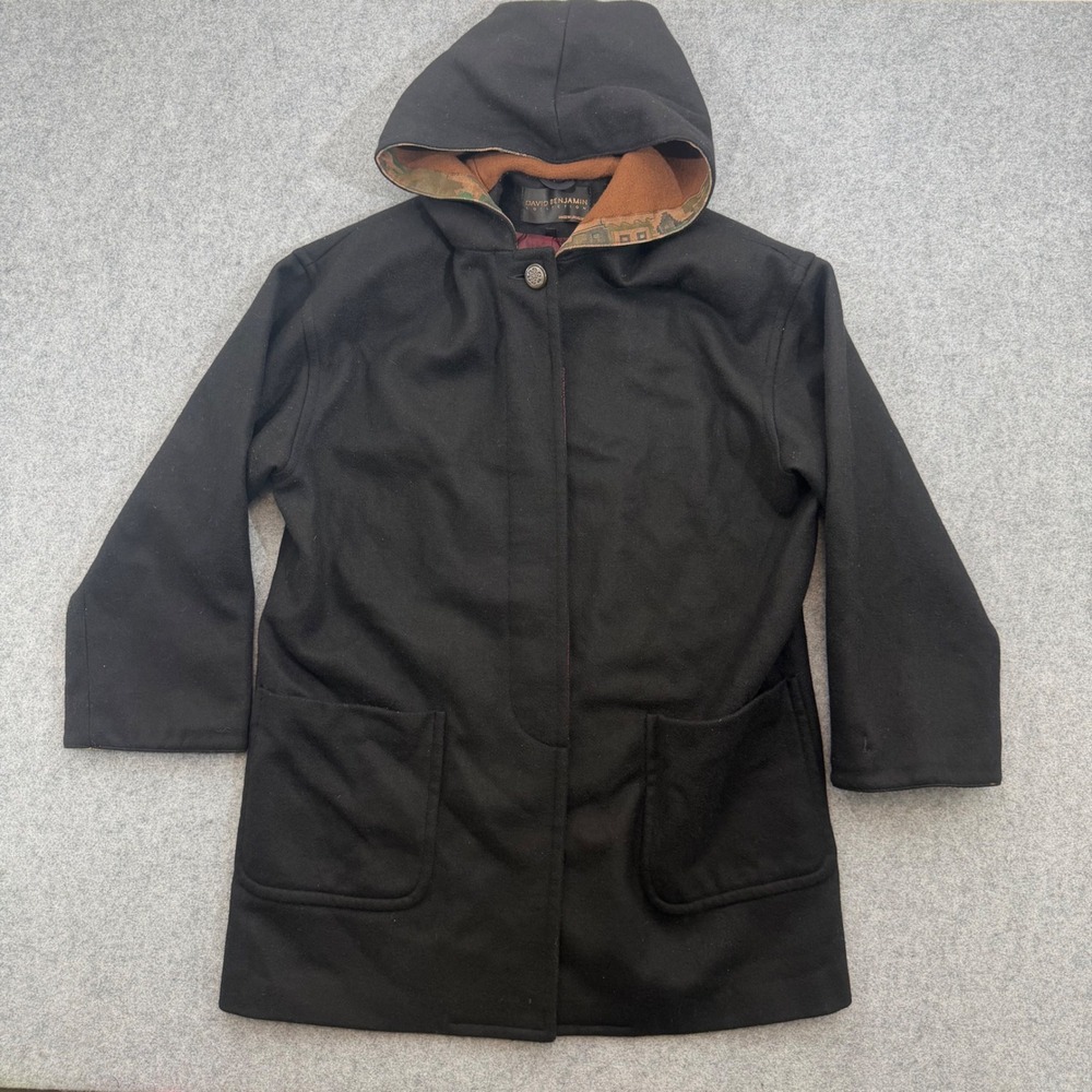 David Benjamin Collection Black Pure New Wool Hooded Coat Jacket Women Size 10